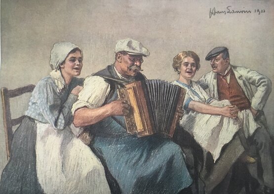 Bild von Hans Larwin, aus: Wiener Lieder und Tänze, hgg. von Eduard Kremser, Verlag Gerlach & Wiedling, Wien 1911.