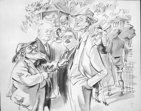 Satirische Zeichnung von Alfred Gerstenbrand: Oskar Straus, Edmund Eysler, Franz Lehar, Leo Ascher auf der Kurpromenade in Bad Ischl